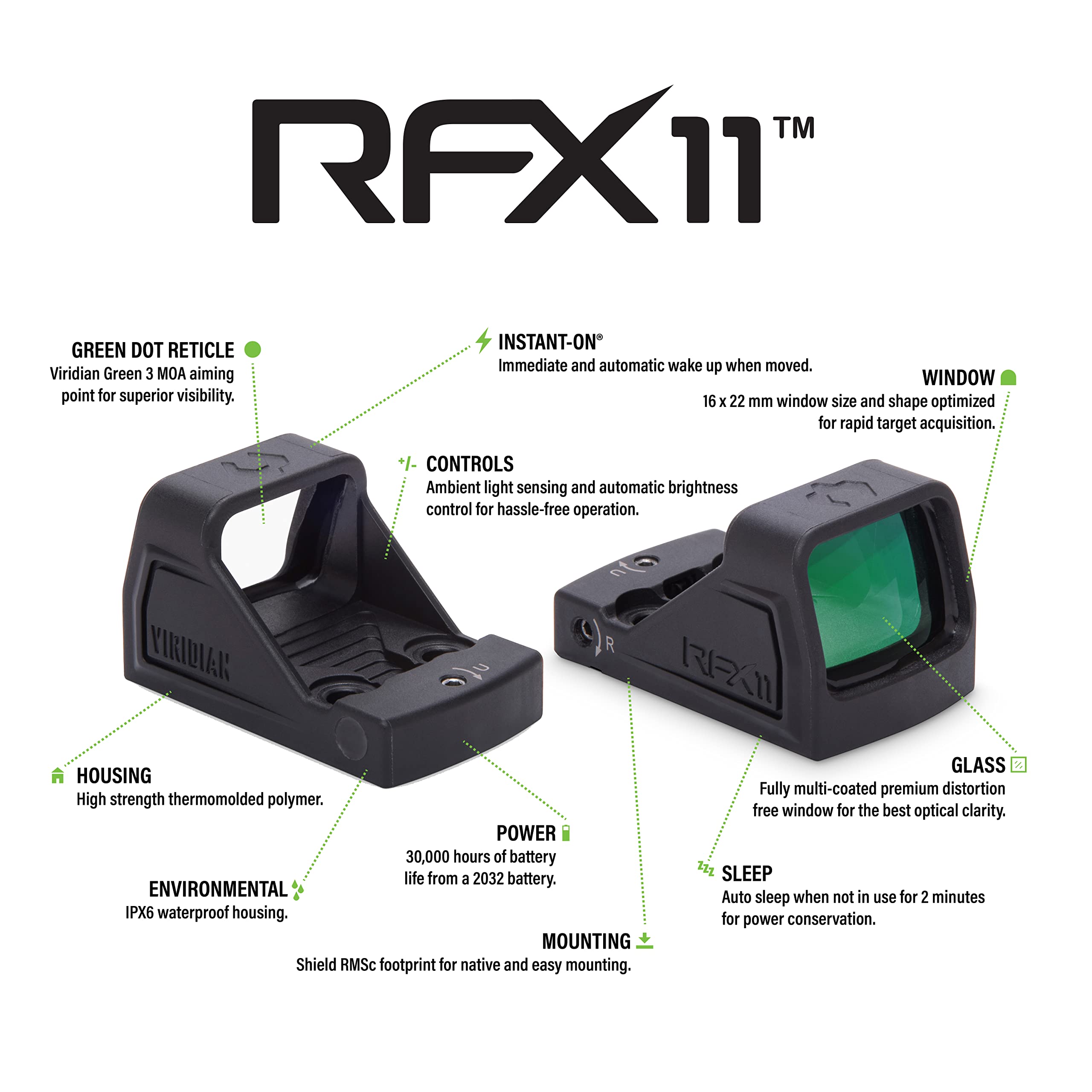 Viridian RFX Green Dot Reflex Sights, 3 MOA Dot, Shield RMSc